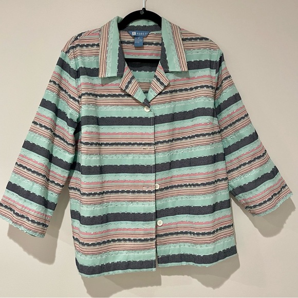 Eddie Bauer Tops - Koret Striped Top XL Buttons Cotton 3/4 Sleeve Womens Lghtweight Blazer Spring